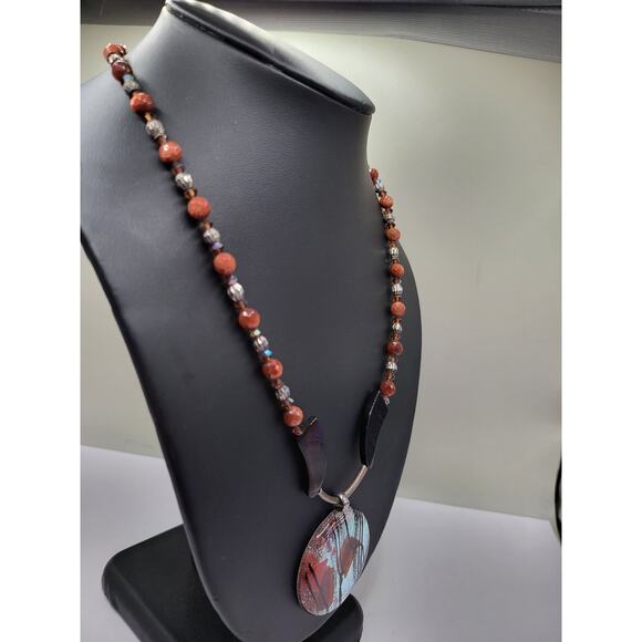 Fused Glass Art Pendant Necklace Goldstone Beaded Boho Statement 19 In - Picture 7 of 13